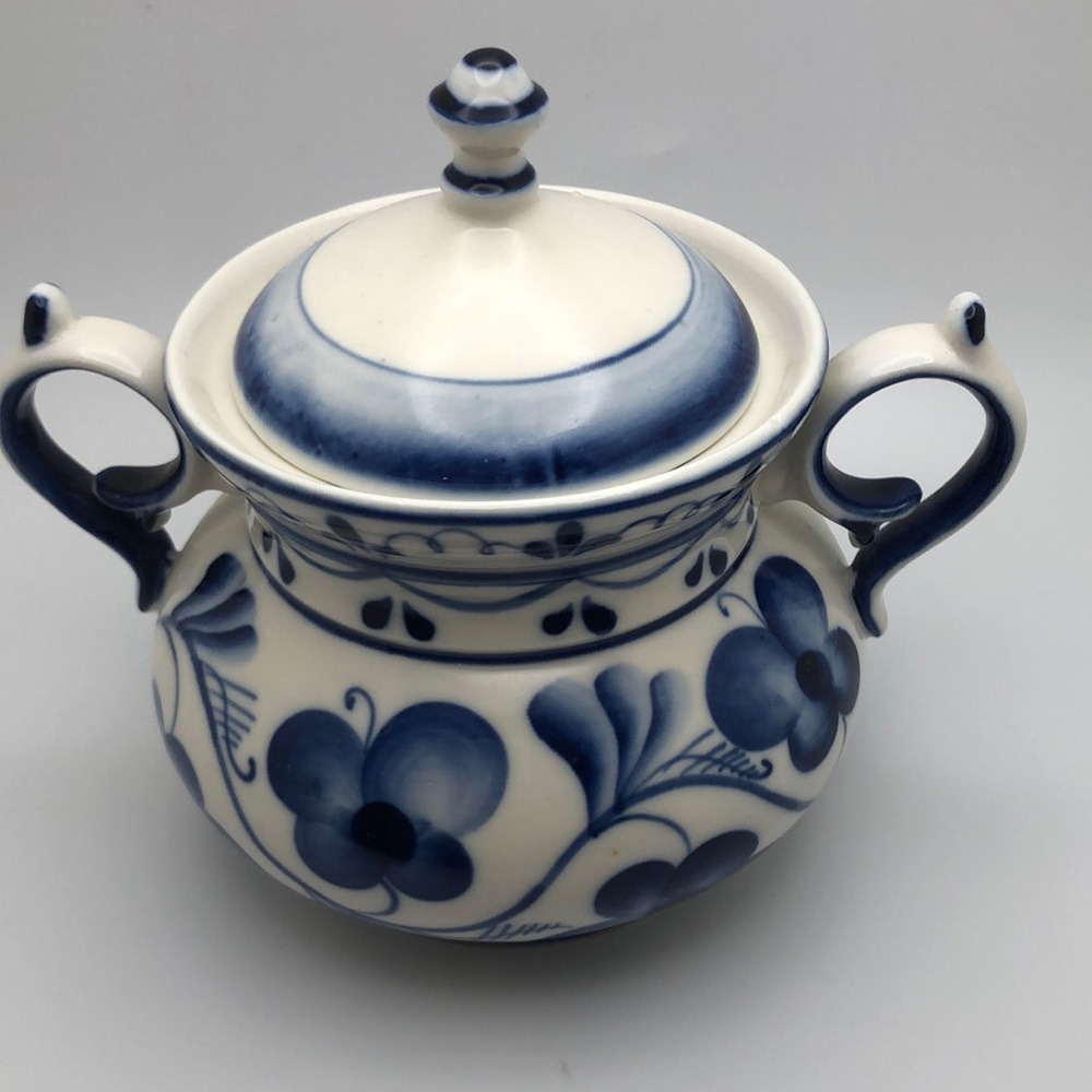Vintage Russian Floral Gzhel Sugar Bowl with Lid